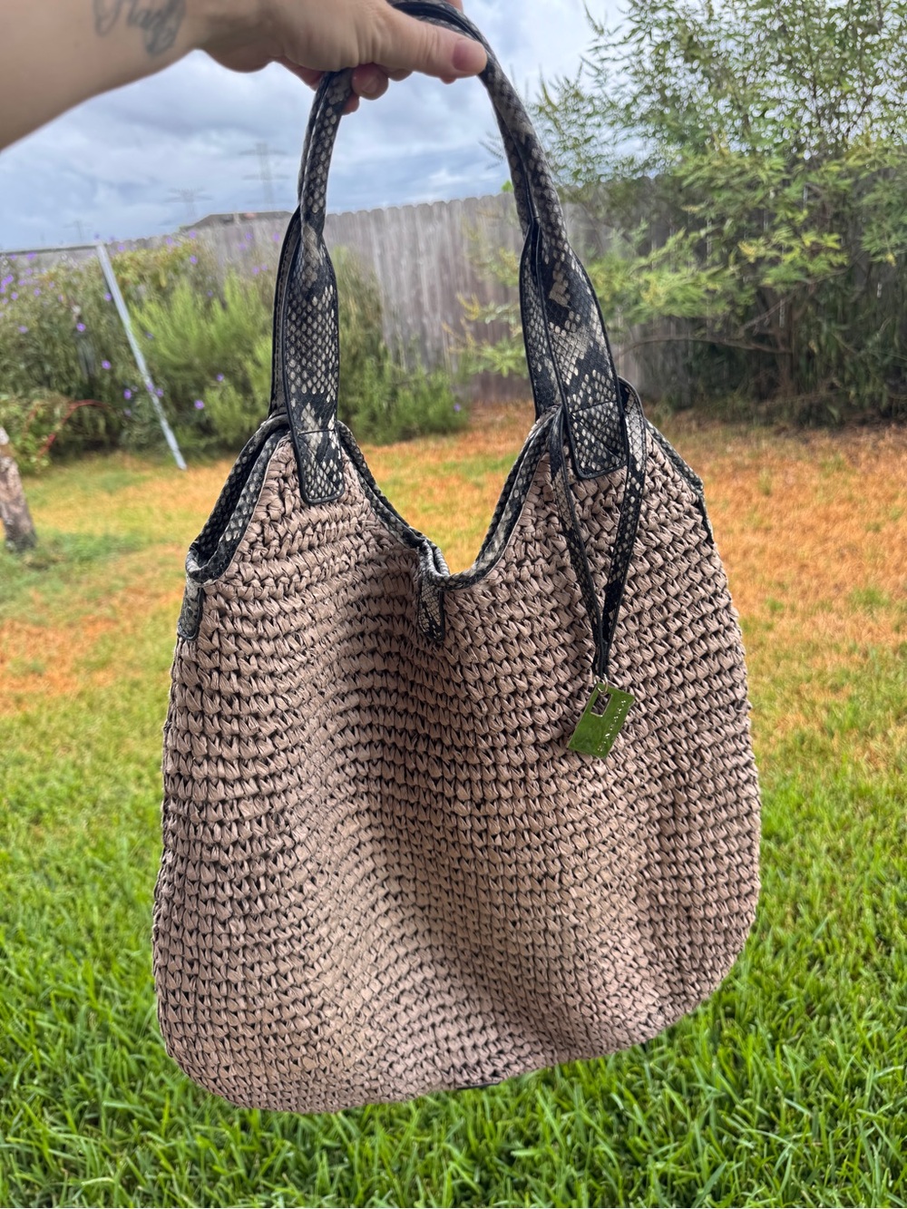 Zingara Large Woven Paper Hobo Tote Bag Taupe Snakeskin Print Beach Resort